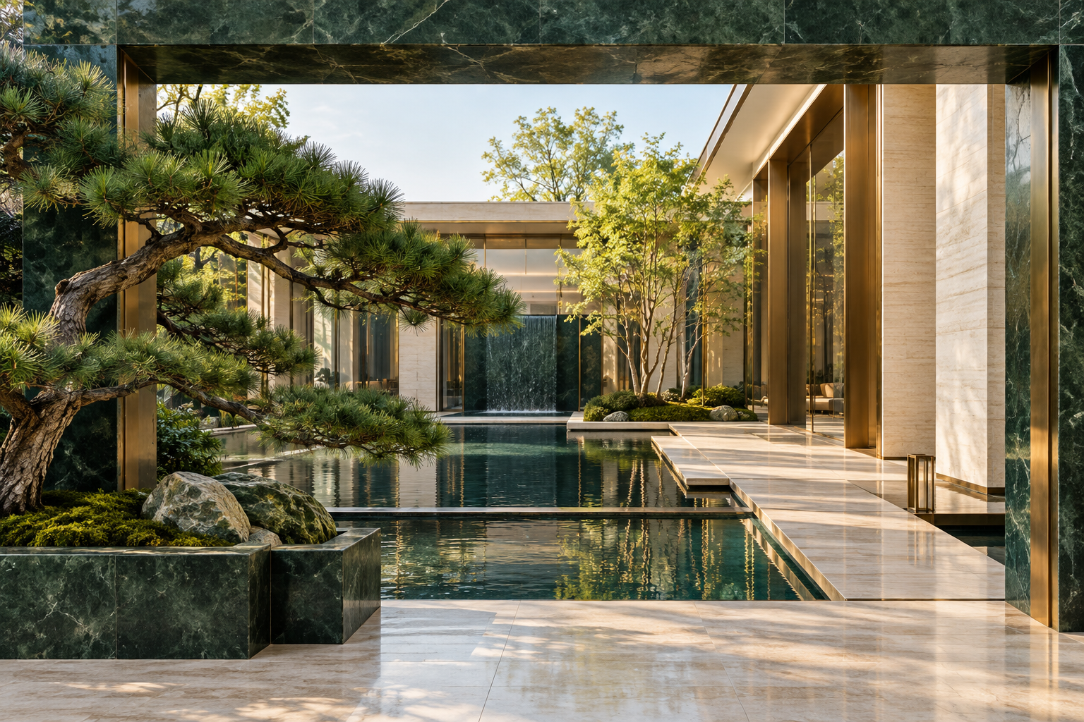 松树与水景环绕的现代企业庭院